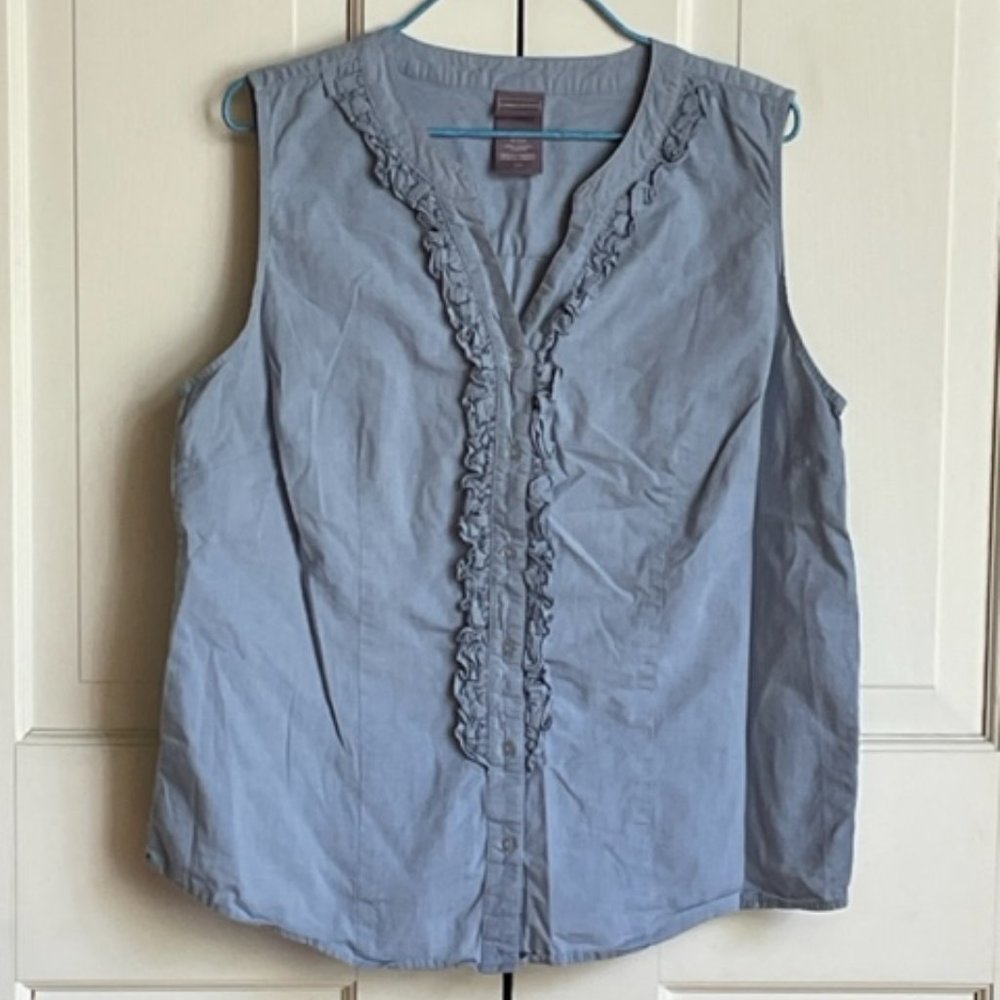 Laura Scott Ruffled Blue Sleeveless Oxford Button Down